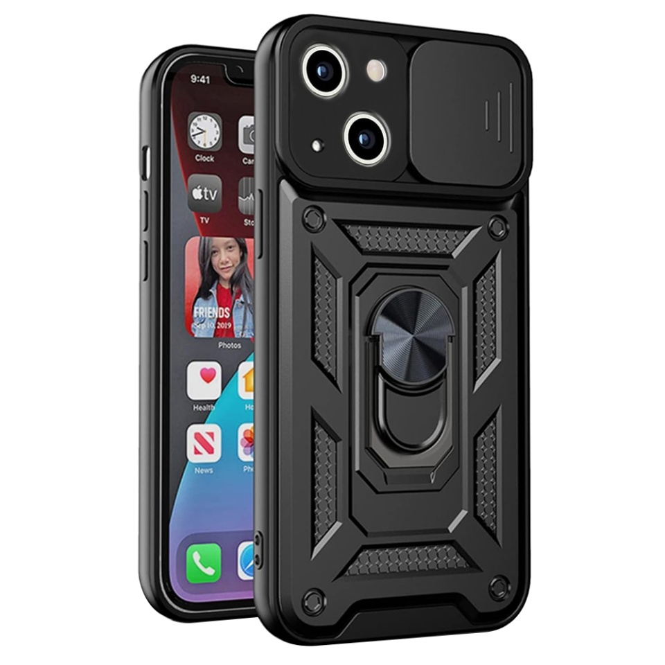 Husa pentru iPhone 13 mini, SKYDDAR INNOVATION, CamShield, Negru, set cu sticker