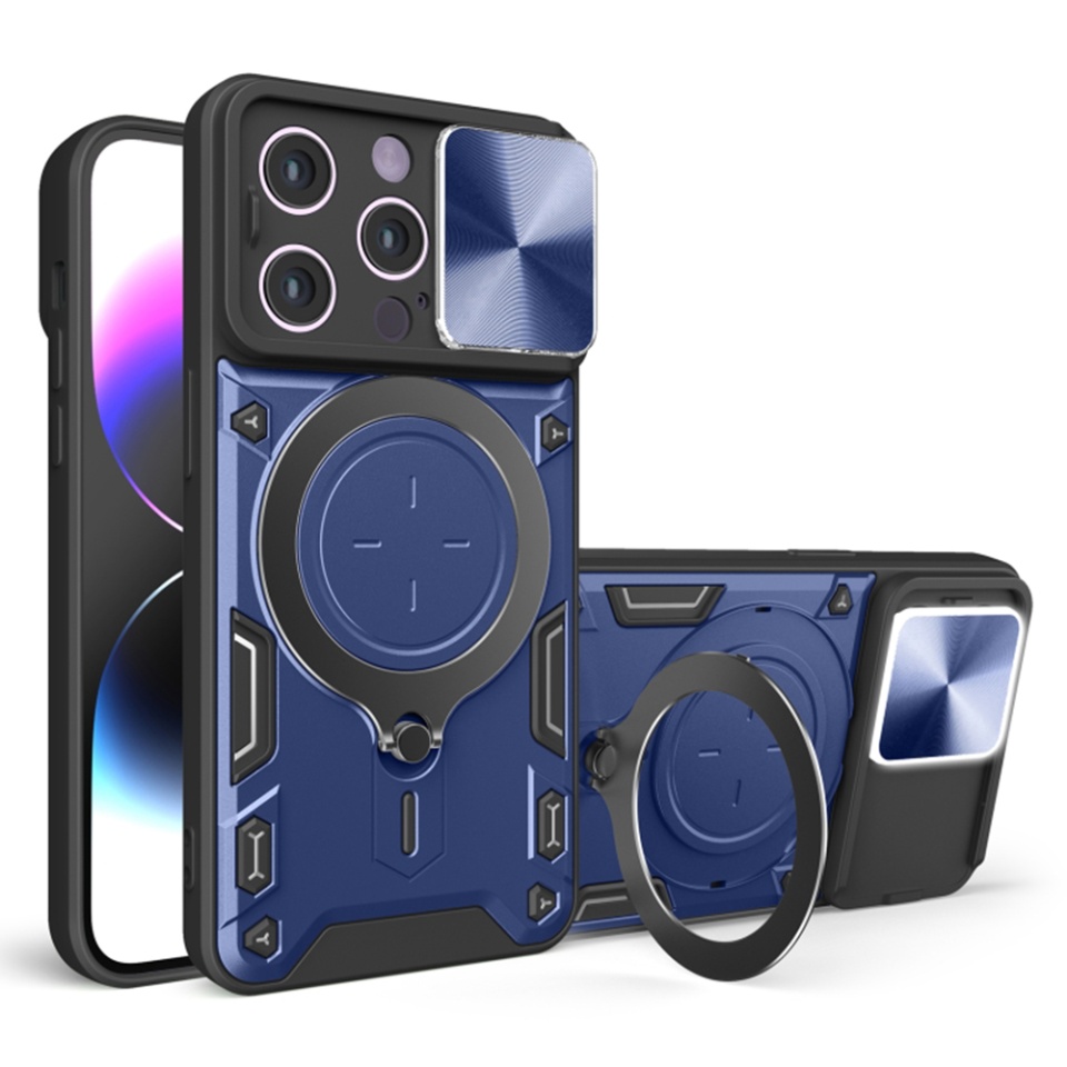 Husa pentru iPhone 13 Pro, cu inel magnetic si suport ajustabil, protecție completa camera, SKDR SafeCover - Albastru