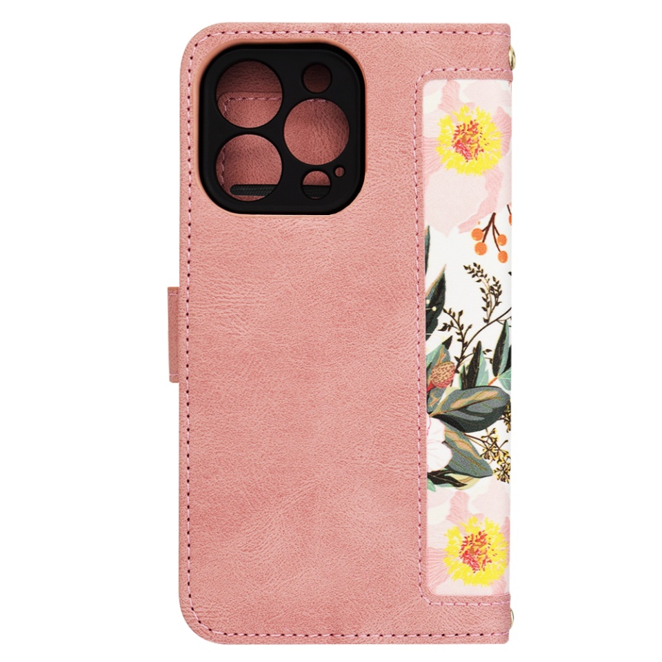 Husa pentru iPhone 13 Pro din Piele Ecologică cu Design Floral, Protecție 360°, Stand Integrat, Buzunare pentru Carduri, SKDR Floral Wallet - Roz - 2 | YEO