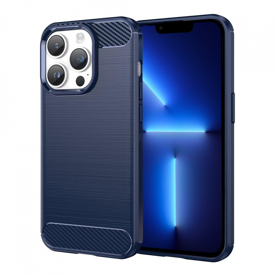 Husa pentru iPhone 13 Pro Max din silicon, Slim, cu textură Fibra Carbon - Albastru carbon
