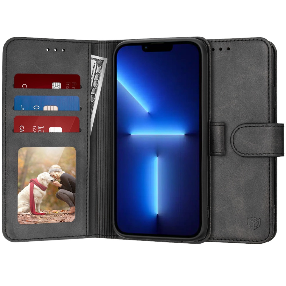 Husa pentru iPhone 13 Pro Max, SKYDDAR INNOVATION, Diary Book, tip carte, cu Portofel Interior, Antisoc, Negru, set cu sticker