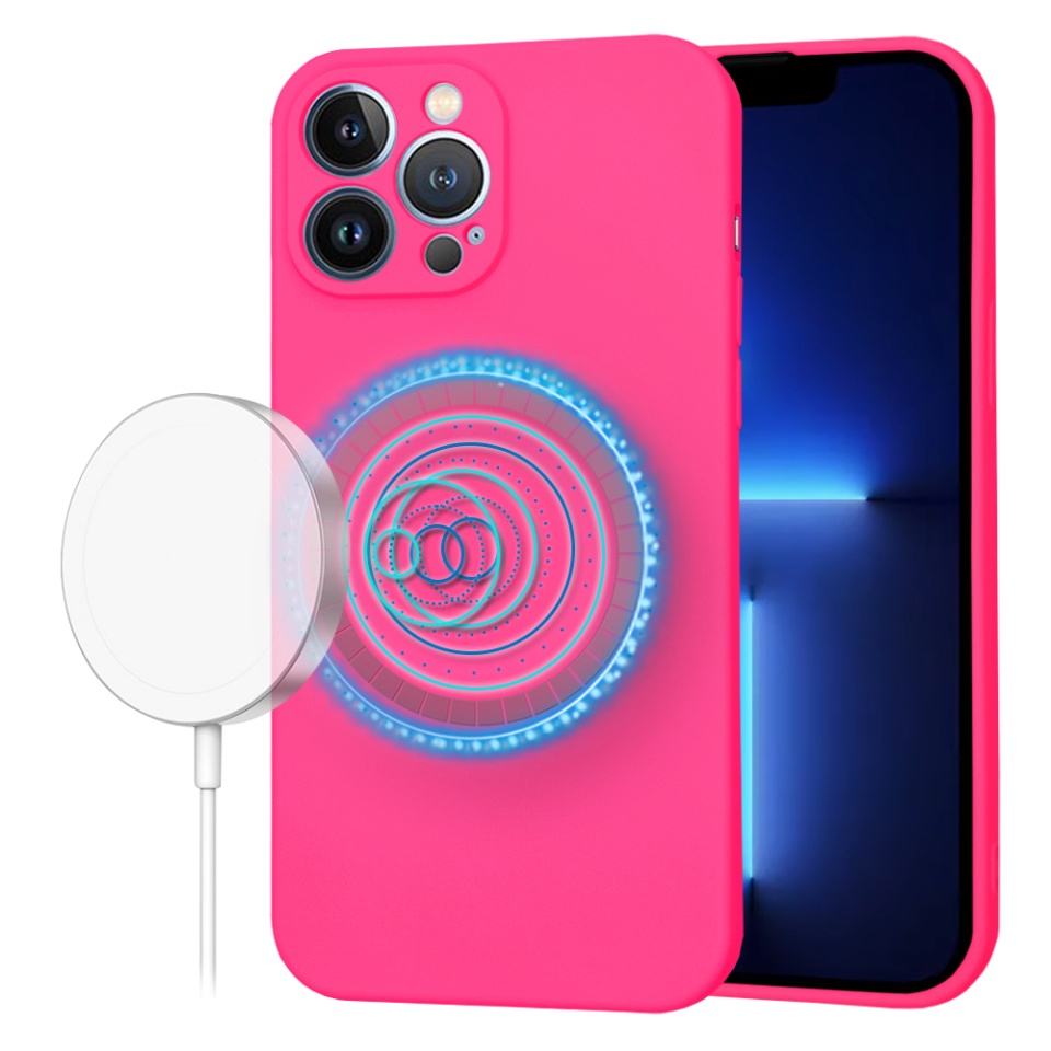 Husa pentru iPhone 13 Pro Max, SKYDDAR INNOVATION, din Silicon Catifelat, SoftFlex Magsafe, Fucsia, set cu sticker