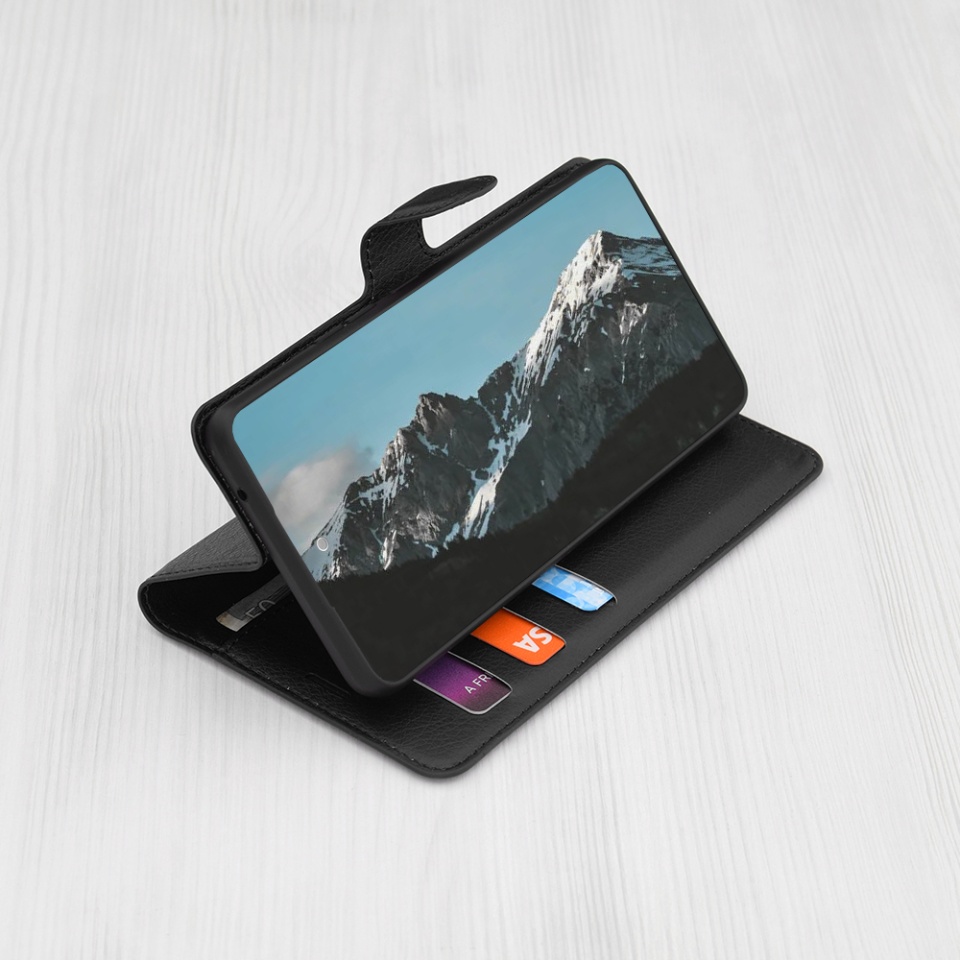Husa pentru iPhone 13 Pro Max, SKYDDAR INNOVATION, Leather Folio, tip Carte, cu Portofel Interior, Finisaje Premium, Negru, set cu sticker - 1 | YEO