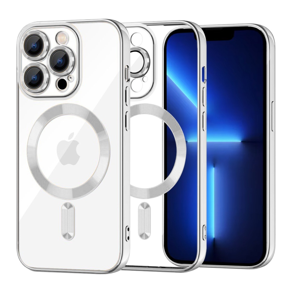 Husa pentru iPhone 13 Pro Max, SKYDDAR INNOVATION, Luxury Glitter Magsafe, Antisoc, Fundal Detasabil 2-in-1, Protectie Superioara, Margini Ridicate, Argintiu, set cu sticker