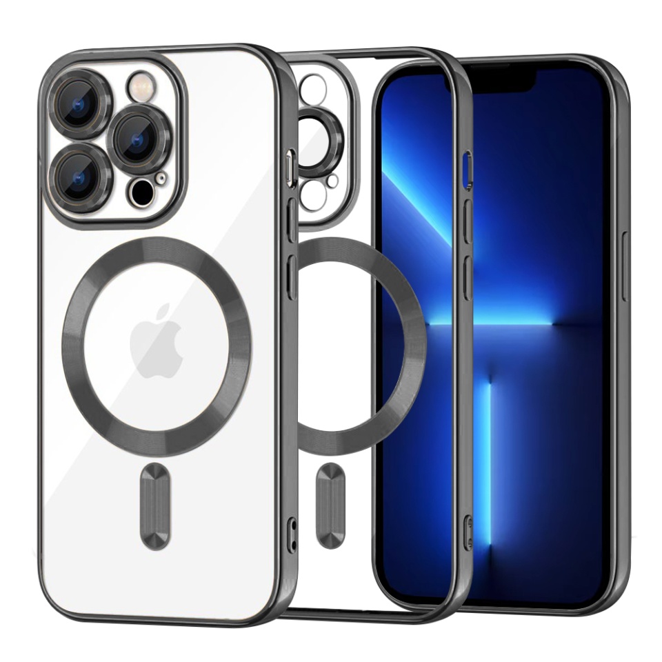 Husa pentru iPhone 13 Pro Max, SKYDDAR INNOVATION, Luxury Glitter Magsafe, Antisoc, Fundal Detasabil 2-in-1, Protectie Superioara, Margini Ridicate, Negru, set cu sticker