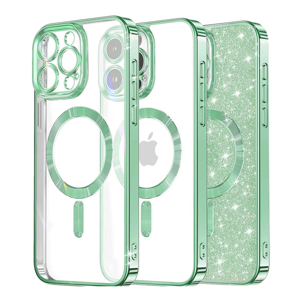 Husa pentru iPhone 13 Pro Max, SKYDDAR INNOVATION, Luxury Glitter Magsafe, Antisoc, Fundal Detasabil 2-in-1, Protectie Superioara, Margini Ridicate, Verde deschis, set cu sticker