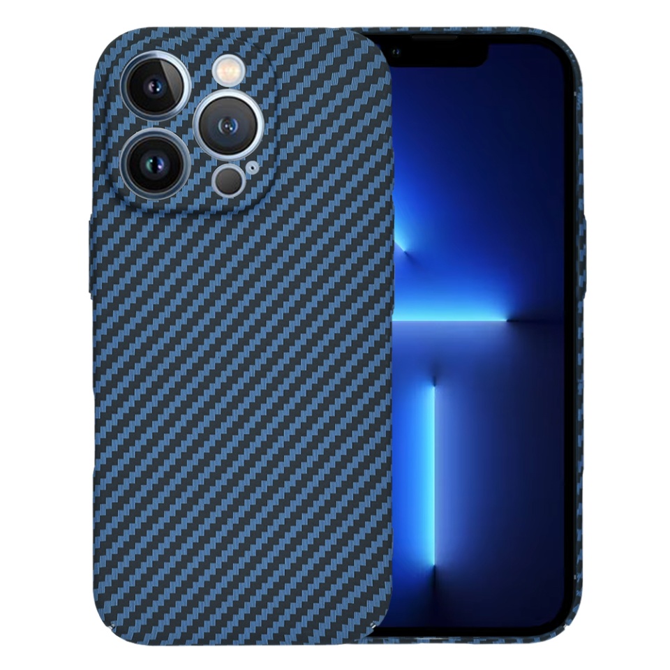 Husa pentru iPhone 13 Pro Max, SKYDDAR INNOVATION, textura carbon, Carbonite FiberShell, Cyan, set cu sticker