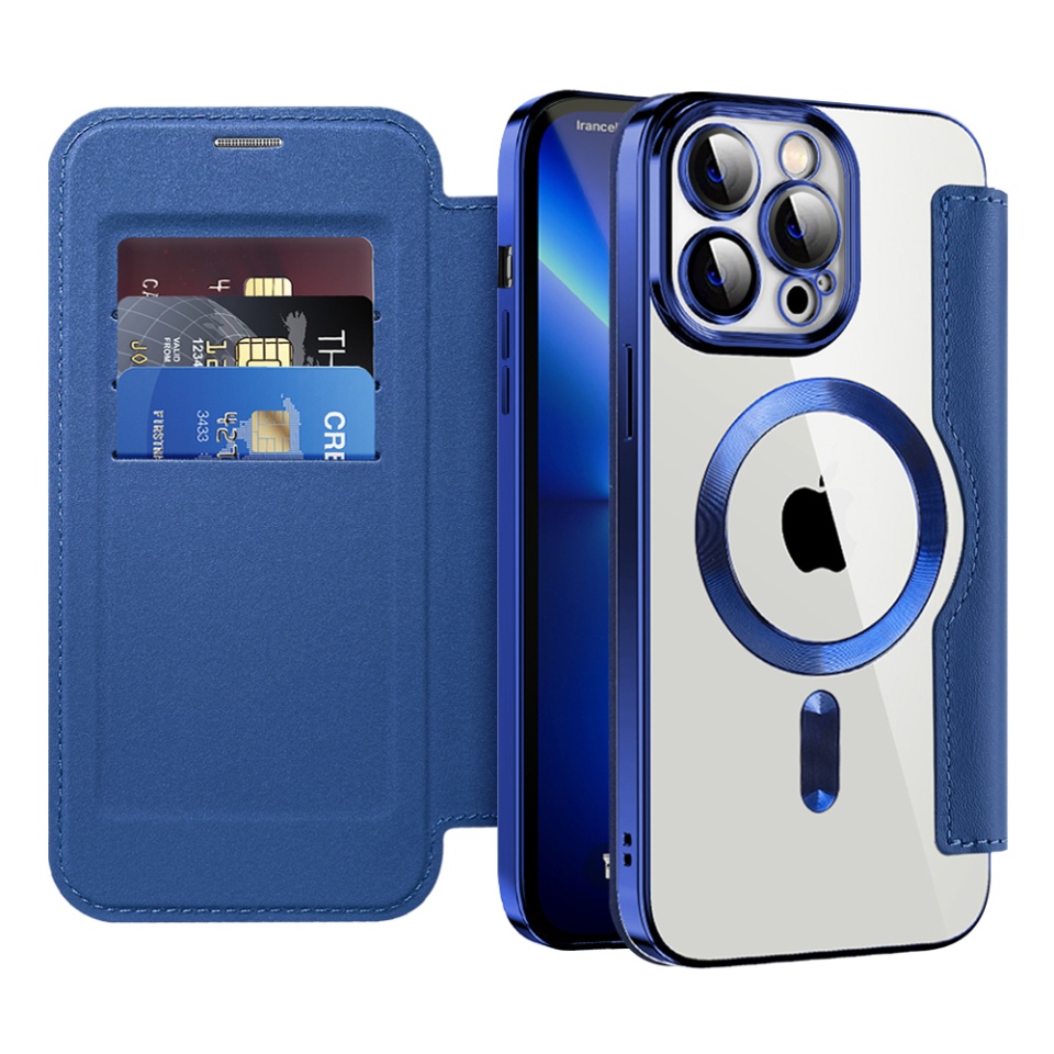 Husa pentru iPhone 13 Pro Max tip carte, SKYDDAR INOVATION, SmartMag Book, Magsafe, RFiD, Suport Carduri, set cu sticker, Albastru