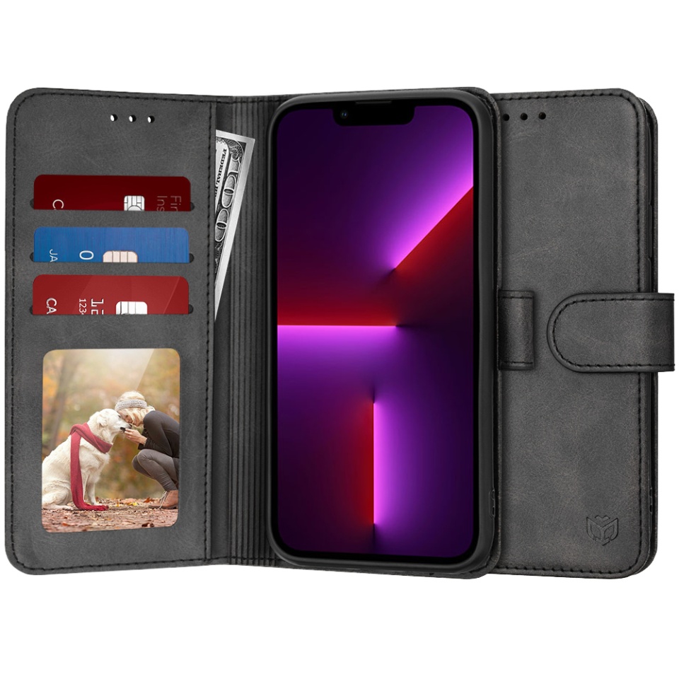 Husa pentru iPhone 13 Pro, SKYDDAR INNOVATION, Diary Book, tip carte, cu Portofel Interior, Antisoc, Negru, set cu sticker