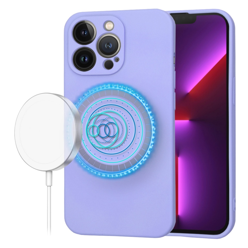 Husa pentru iPhone 13 Pro, SKYDDAR INNOVATION, din Silicon Catifelat, SoftFlex Magsafe, Violet, set cu sticker