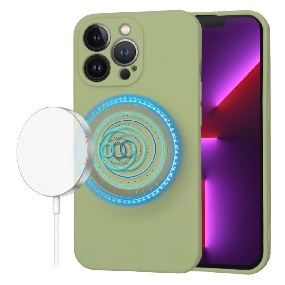 Husa pentru iPhone 13 Pro, SKYDDAR INNOVATION, din Silicon Catifelat, SoftFlex Magsafe, Verde, set cu sticker