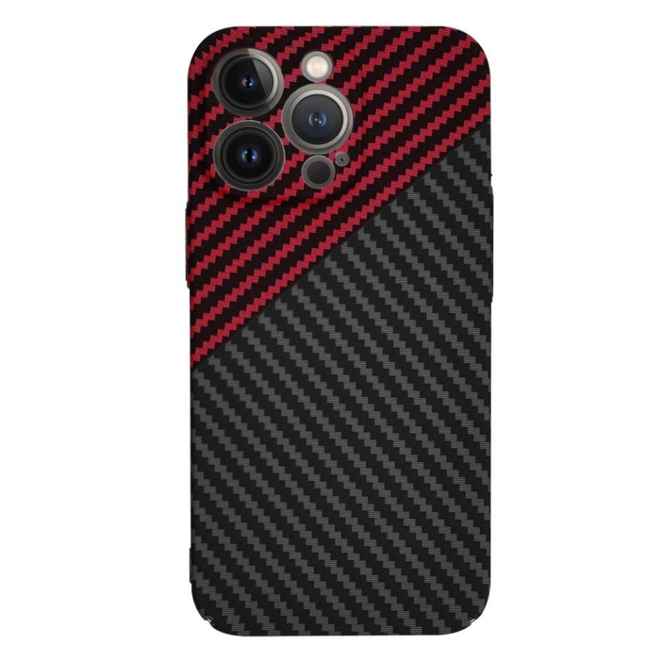 Husa pentru iPhone 13 Pro, SKYDDAR INNOVATION, textura carbon, Carbonite FiberShell, Rosu inchis, set cu sticker - 2 | YEO