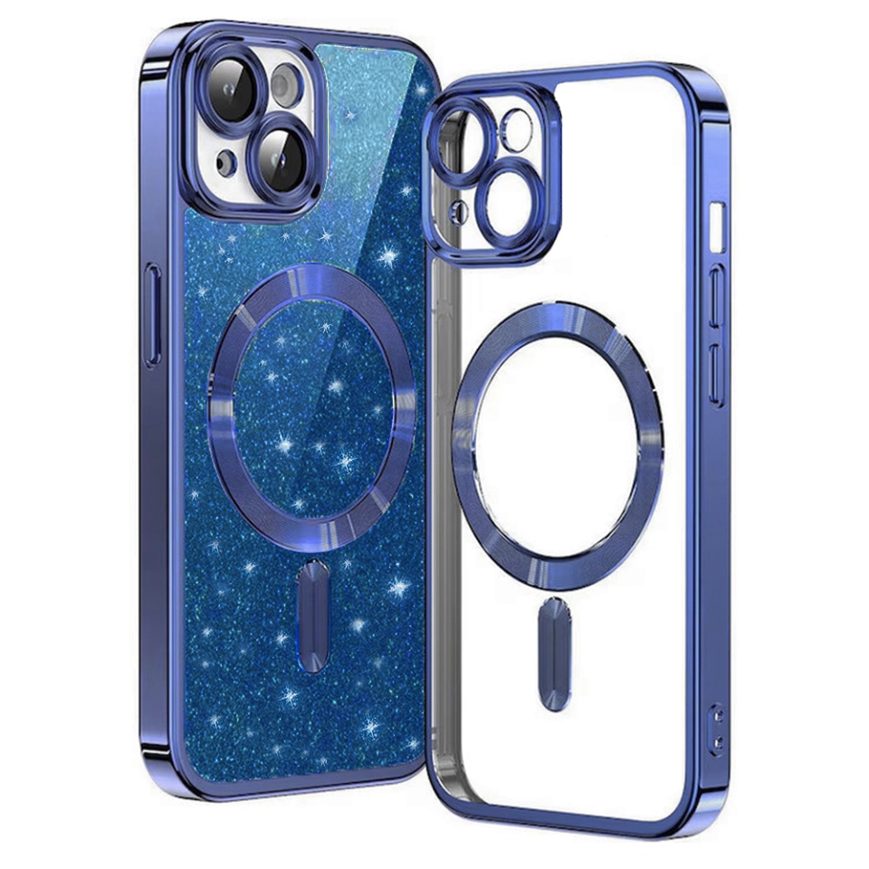 Husa pentru iPhone 13, SKYDDAR INNOVATION, Luxury Glitter Magsafe, Antisoc, Fundal Detasabil 2-in-1, Protectie Superioara, Margini Ridicate, Albastru, set cu sticker