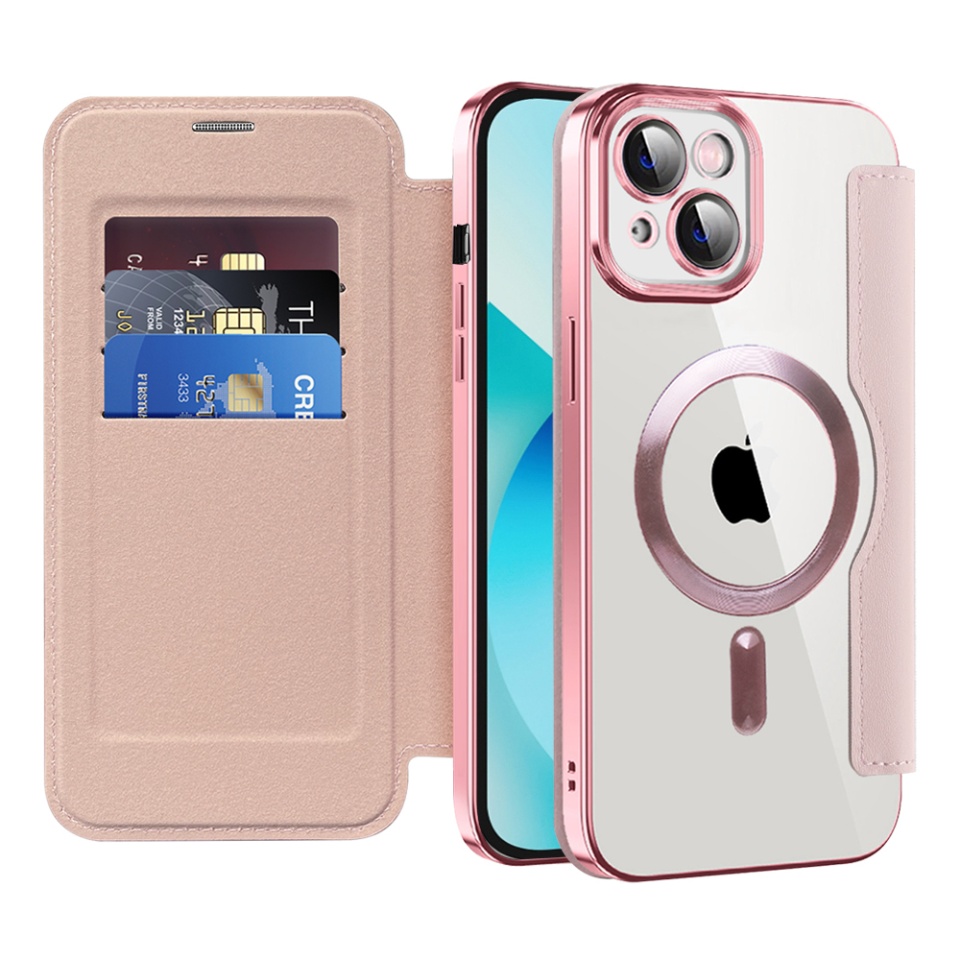 Husa pentru iPhone 13 tip carte, SKYDDAR INOVATION, SmartMag Book, Magsafe, RFiD, Suport Carduri, set cu sticker, Roz