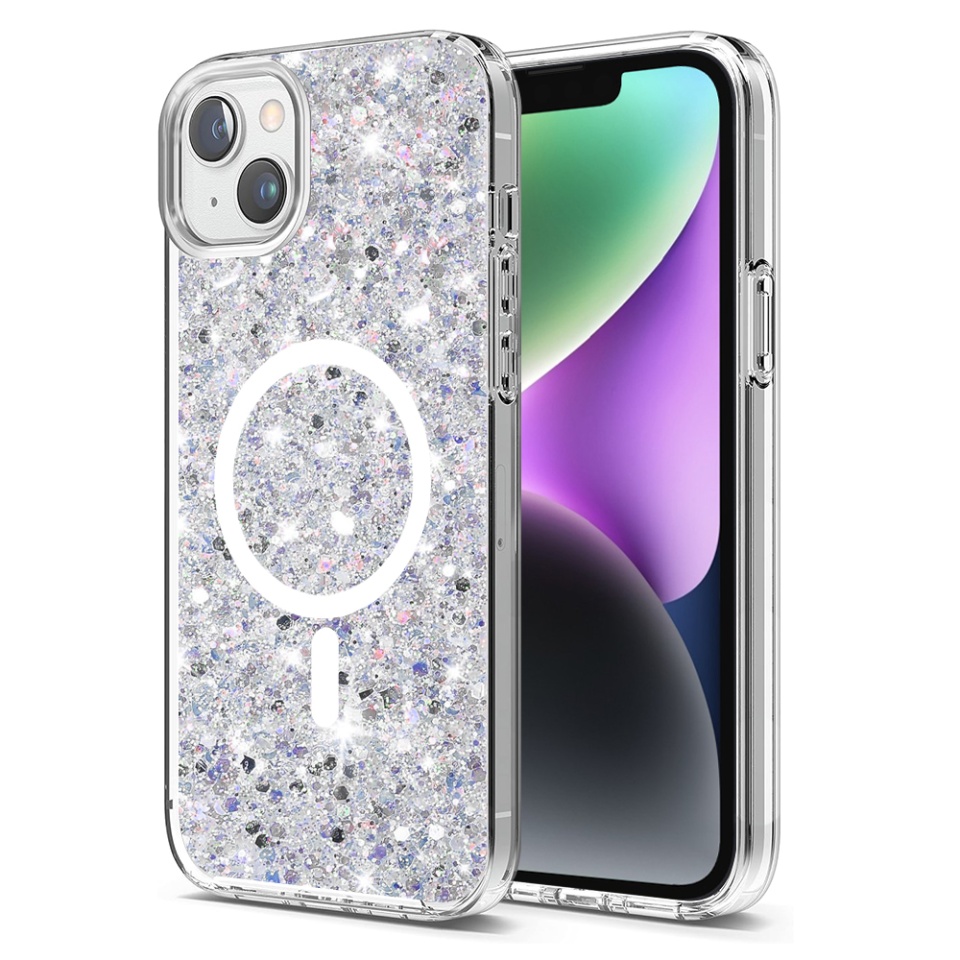Husa pentru iPhone 14 Plus / 15 Plus, SKYDDAR INNOVATION, SparkleCase, din Silicon cu Sclipici, Protectie Completa, Alb, set cu sticker
