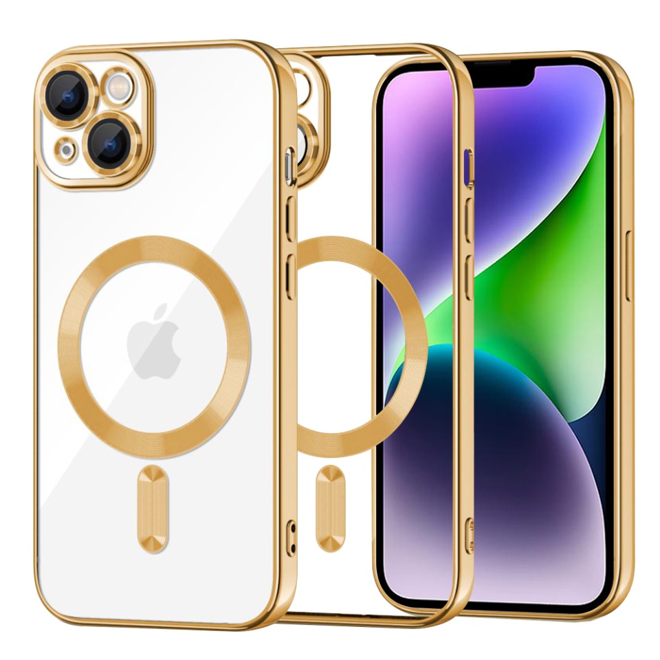 Husa pentru iPhone 14 Plus, SKYDDAR INNOVATION, Luxury Shield Magsafe, Protectie Antisoc, Auriu, set cu sticker