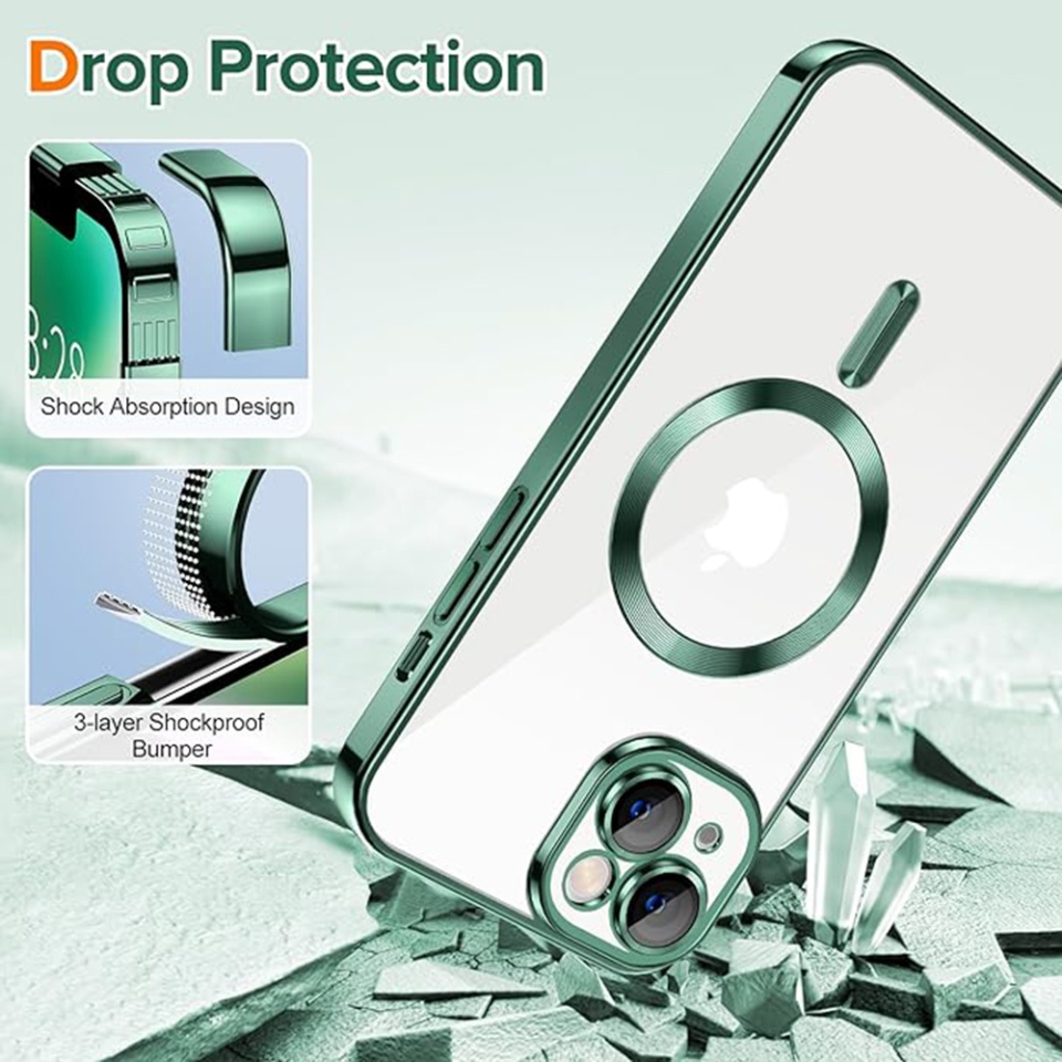 Husa pentru iPhone 14 Plus, SKYDDAR INNOVATION, Luxury Shield Magsafe, Protectie Antisoc, Verde inchis, set cu sticker - 2 | YEO