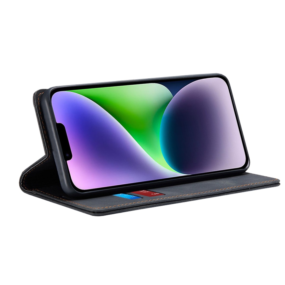 Husa pentru iPhone 14 Plus, SKYDDAR INNOVATION, Soft Wallet, tip Carte din piele Eco Premium, cu Portofel Interior, Negru, set cu sticker - 1 | YEO