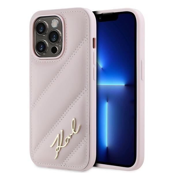 Husa pentru iPhone 14 Pro, Diagonal Quilted Script, Karl Lagerfeld - Roz