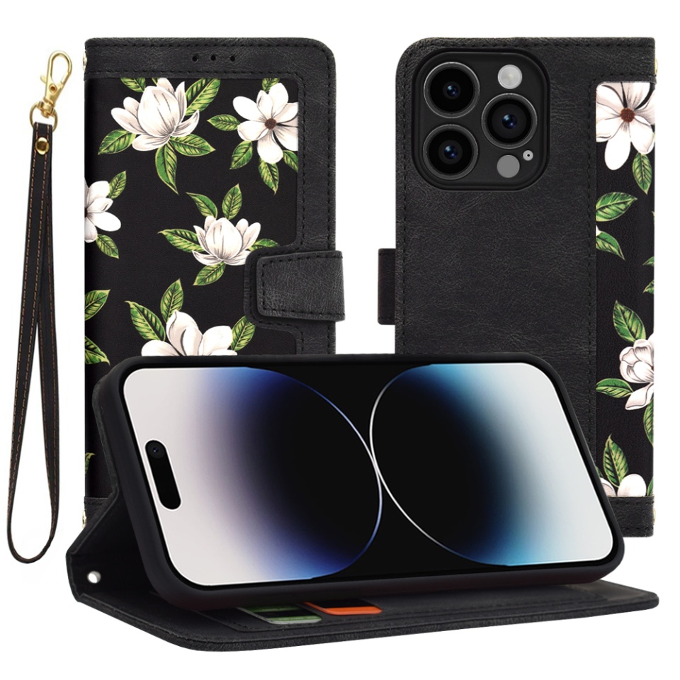 Husa pentru iPhone 14 Pro din Piele Ecologică cu Design Floral, Protecție 360°, Stand Integrat, Buzunare pentru Carduri, SKDR Floral Wallet - Negru