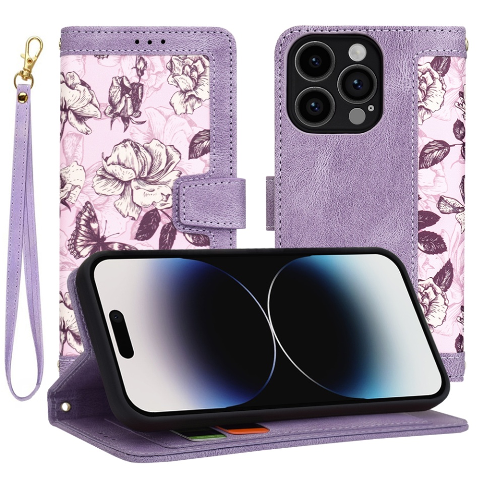 Husa pentru iPhone 14 Pro din Piele Ecologică cu Design Floral, Protecție 360°, Stand Integrat, Buzunare pentru Carduri, SKDR Floral Wallet - Mov