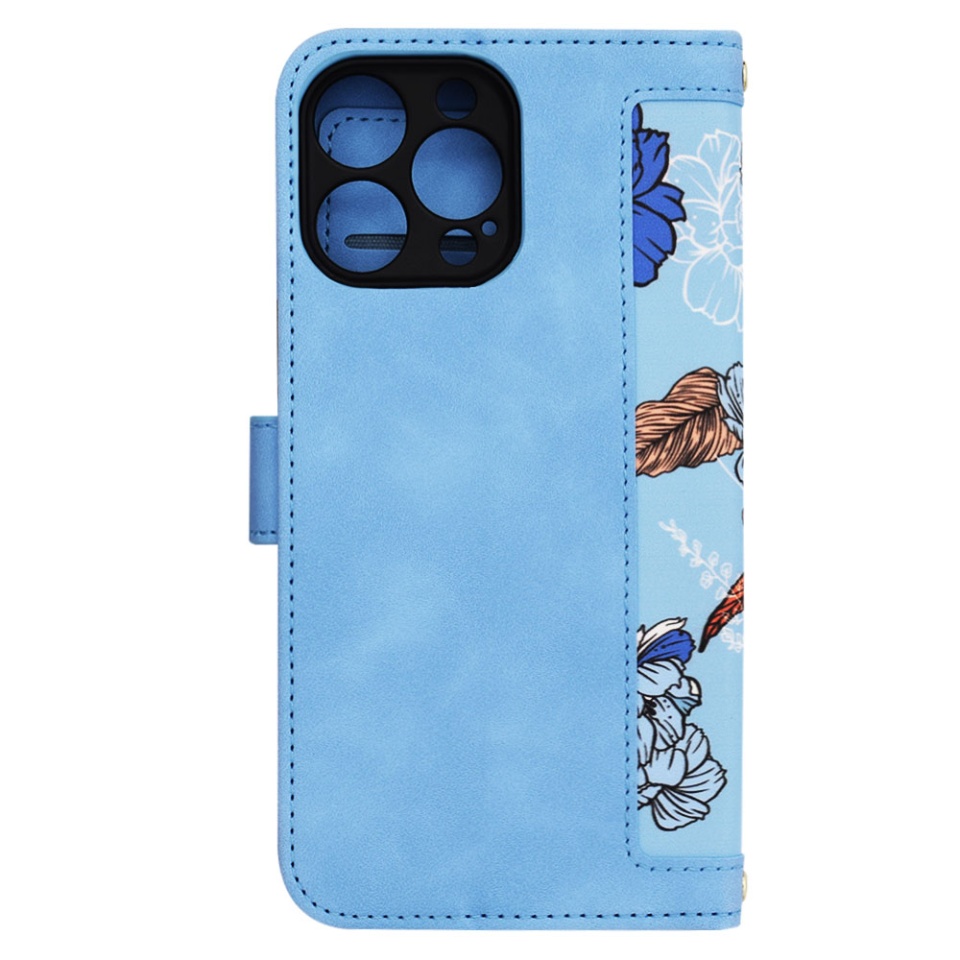 Husa pentru iPhone 14 Pro Max, SKYDDAR INNOVATION, Floral Wallet, din Piele Ecologică cu Design Floral, Protecție 360°, Stand Integrat, Buzunare pentru Carduri, Bleu, set cu sticker - 2 | YEO