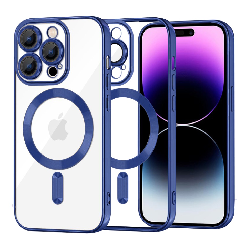 Husa pentru iPhone 14 Pro Max, SKYDDAR INNOVATION, Luxury Shield Magsafe, Protectie Antisoc, Albastru, set cu sticker