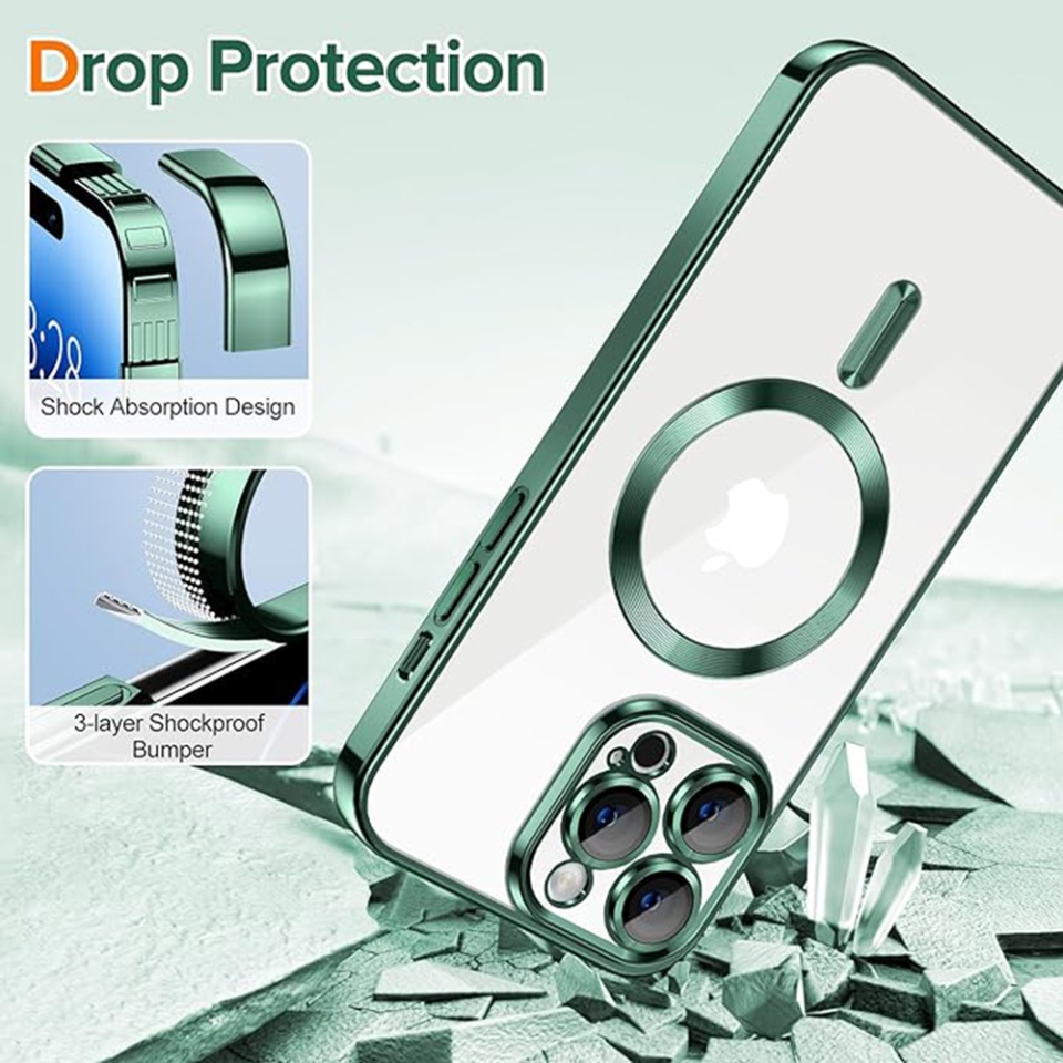 Husa pentru iPhone 14 Pro Max, SKYDDAR INNOVATION, Luxury Shield Magsafe, Protectie Antisoc, Verde inchis, set cu sticker - 2 | YEO