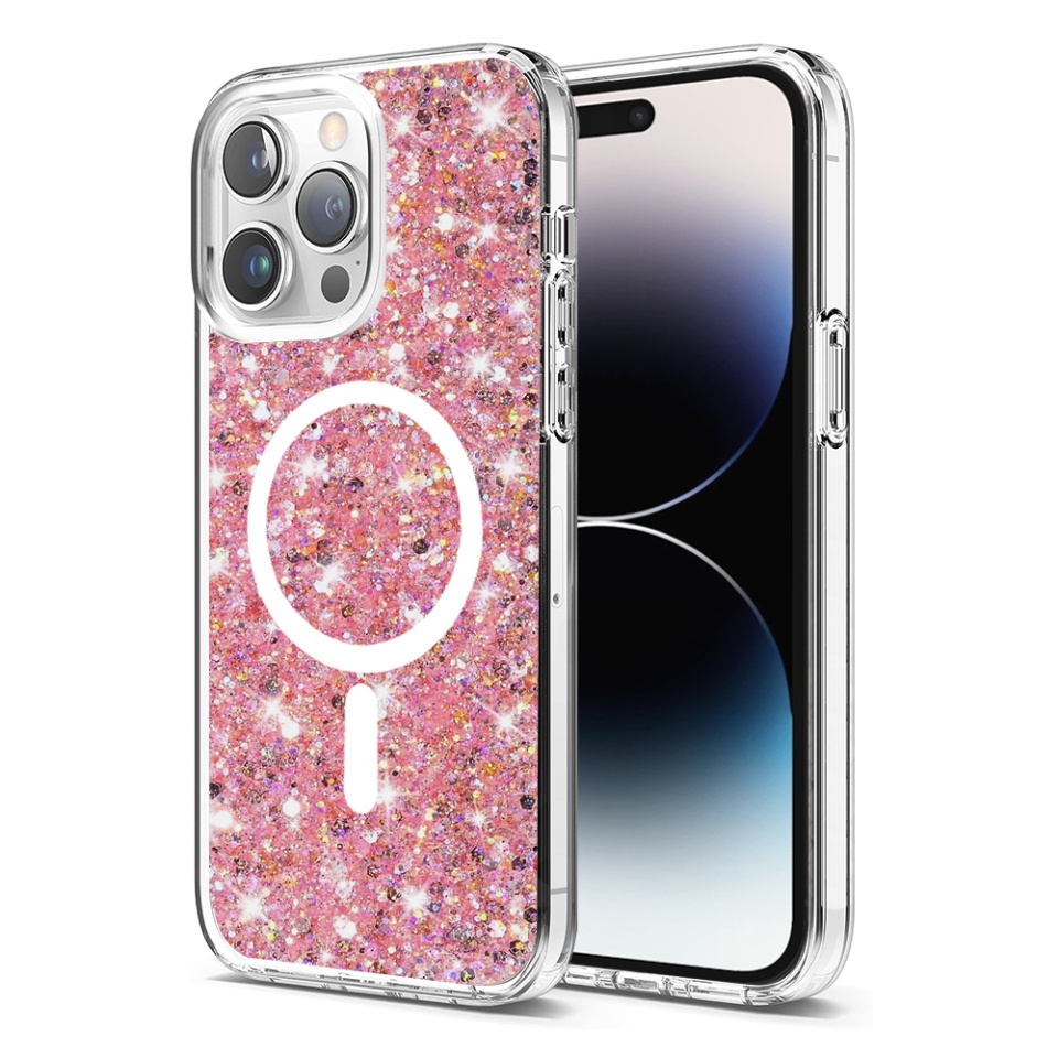 Husa pentru iPhone 14 Pro Max, SKYDDAR INNOVATION, SparkleCase, din Silicon cu Sclipici, Protectie Completa, Roz, set cu sticker