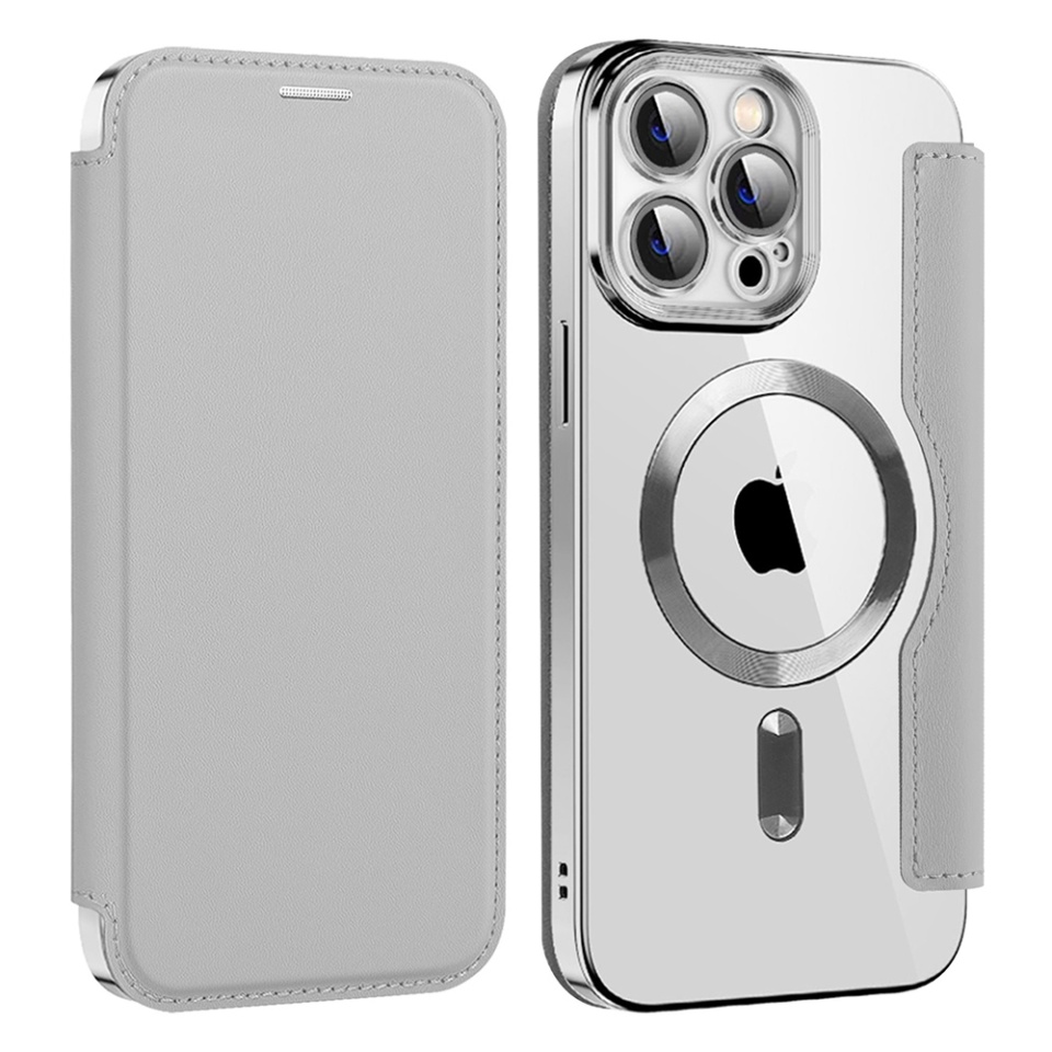 Husa pentru iPhone 14 Pro Max tip carte, SKYDDAR INOVATION, SmartMag Book, Magsafe, RFiD, Suport Carduri, set cu sticker, Gri - 1 | YEO