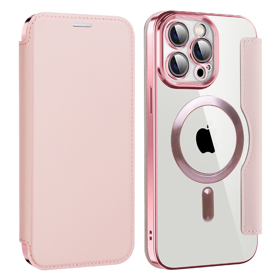 Husa pentru iPhone 14 Pro Max tip carte, SKYDDAR INOVATION, SmartMag Book, Magsafe, RFiD, Suport Carduri, set cu sticker, Roz - 1 | YEO