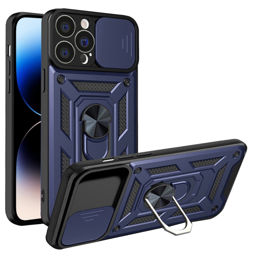 Husa pentru iPhone 14 Pro, SKYDDAR INNOVATION, CamShield, Albastru, set cu sticker