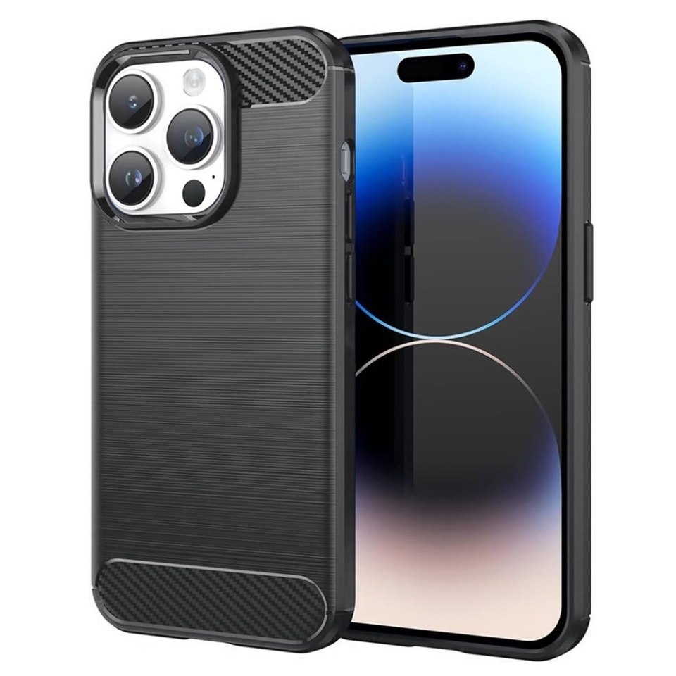 Husa pentru iPhone 14 Pro, SKYDDAR INNOVATION, Carbon Silicone, din Silicon Slim, cu textura Fibra Carbon, set cu sticker, Negru