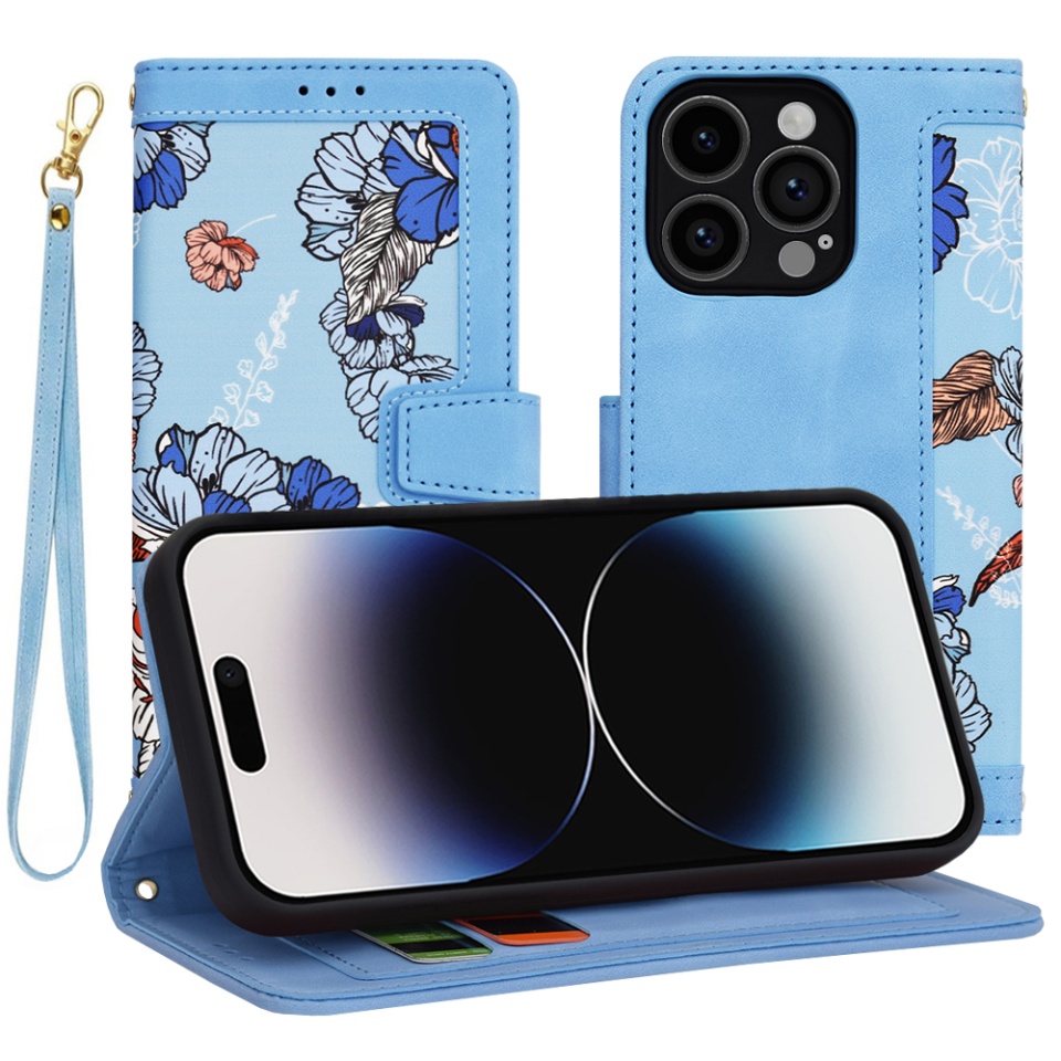 Husa pentru iPhone 14 Pro, SKYDDAR INNOVATION, Floral Wallet, din Piele Ecologică cu Design Floral, Protecție 360°, Stand Integrat, Buzunare pentru Carduri, Bleu, set cu sticker
