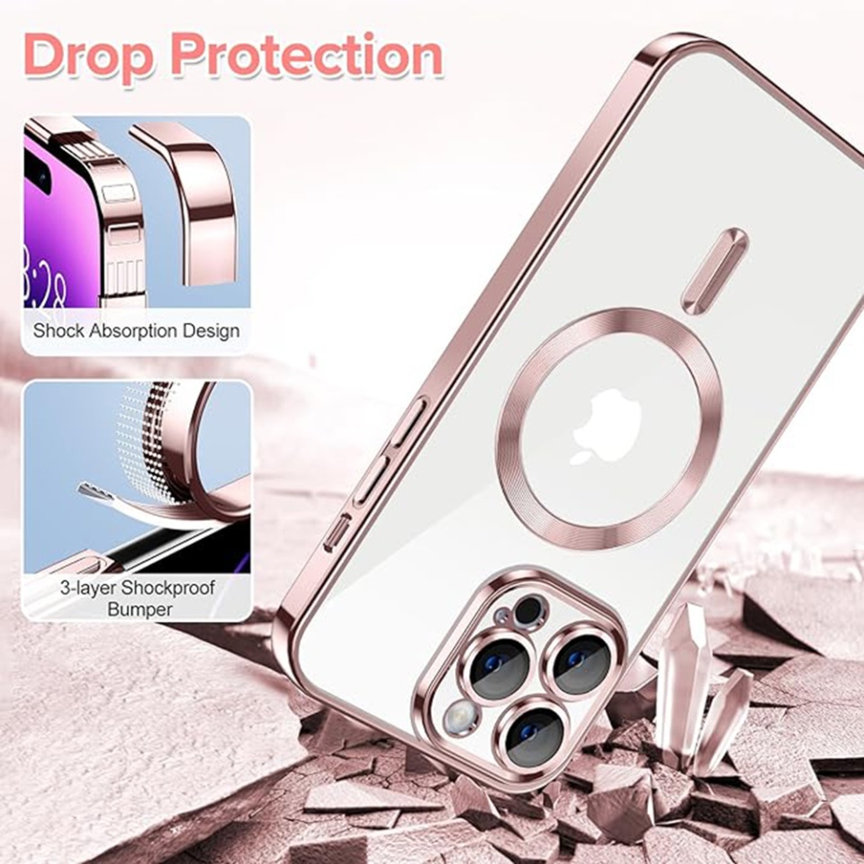 Husa pentru iPhone 14 Pro, SKYDDAR INNOVATION, Luxury Shield Magsafe, Protectie Antisoc, Roz, set cu sticker - 2 | YEO