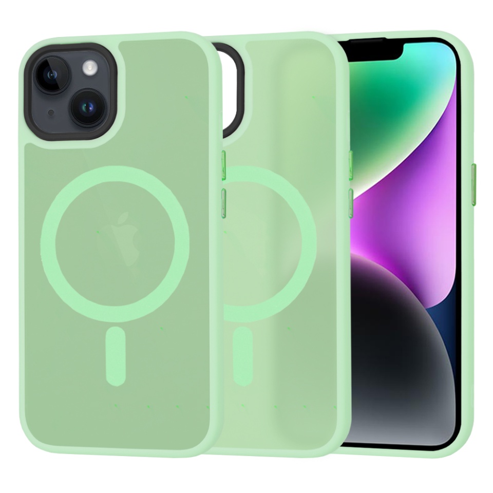 Husa pentru iPhone 14, SKYDDAR INNOVATION, HaloFrost MagSafe, Antisoc, set cu sticker, Verde deschis