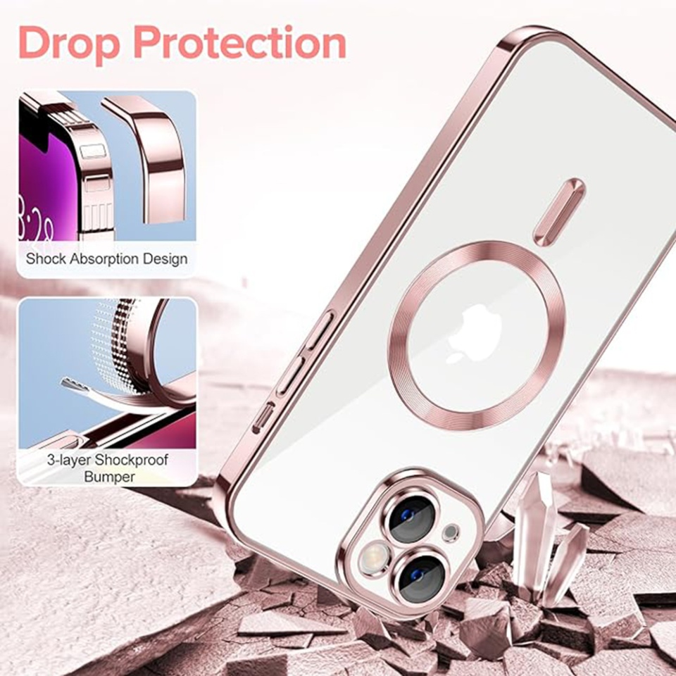 Husa pentru iPhone 14, SKYDDAR INNOVATION, Luxury Shield Magsafe, Protectie Antisoc, Roz, set cu sticker - 2 | YEO