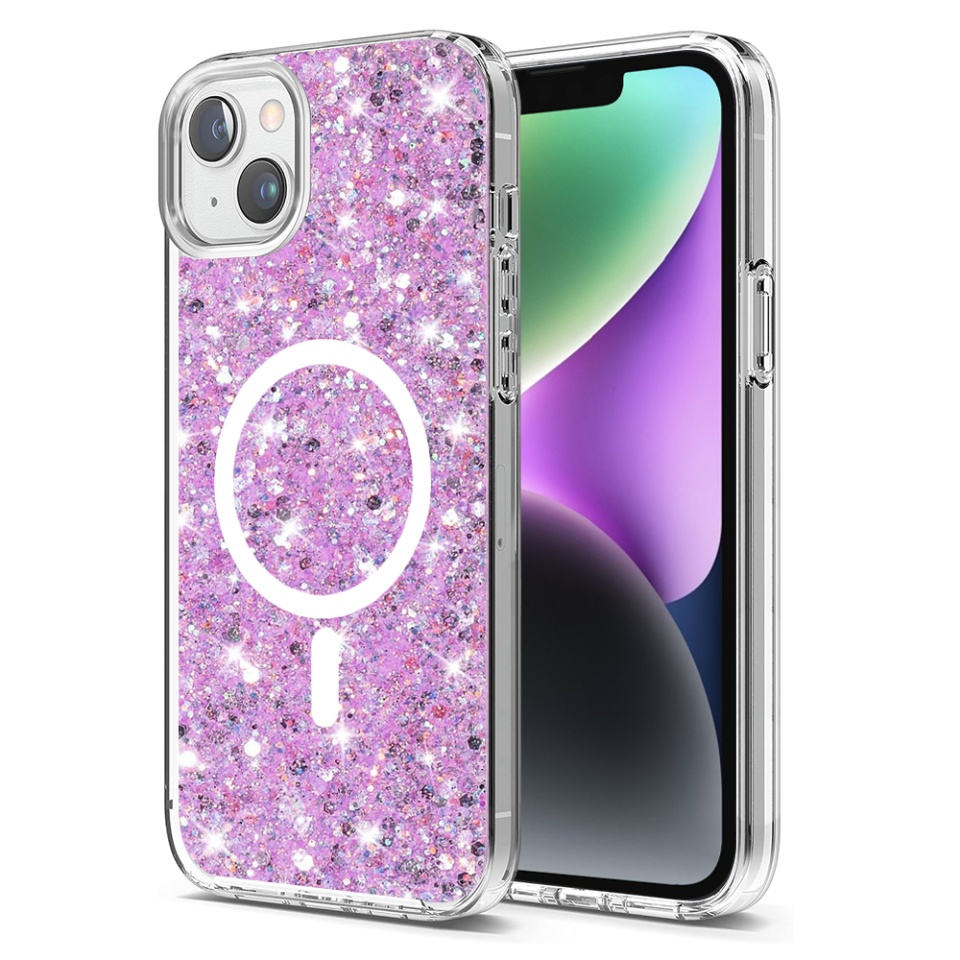 Husa pentru iPhone 14, SKYDDAR INNOVATION, SparkleCase, din Silicon cu Sclipici, Protectie Completa, Magenta, set cu sticker