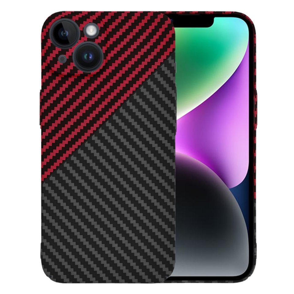 Husa pentru iPhone 14, SKYDDAR INNOVATION, textura carbon, Carbonite FiberShell, Rosu inchis, set cu sticker