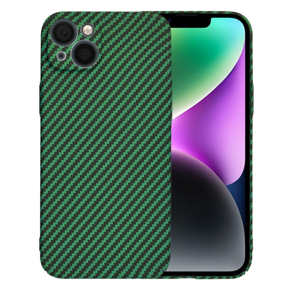Husa pentru iPhone 14, SKYDDAR INNOVATION, textura carbon, Carbonite FiberShell, Verde, set cu sticker