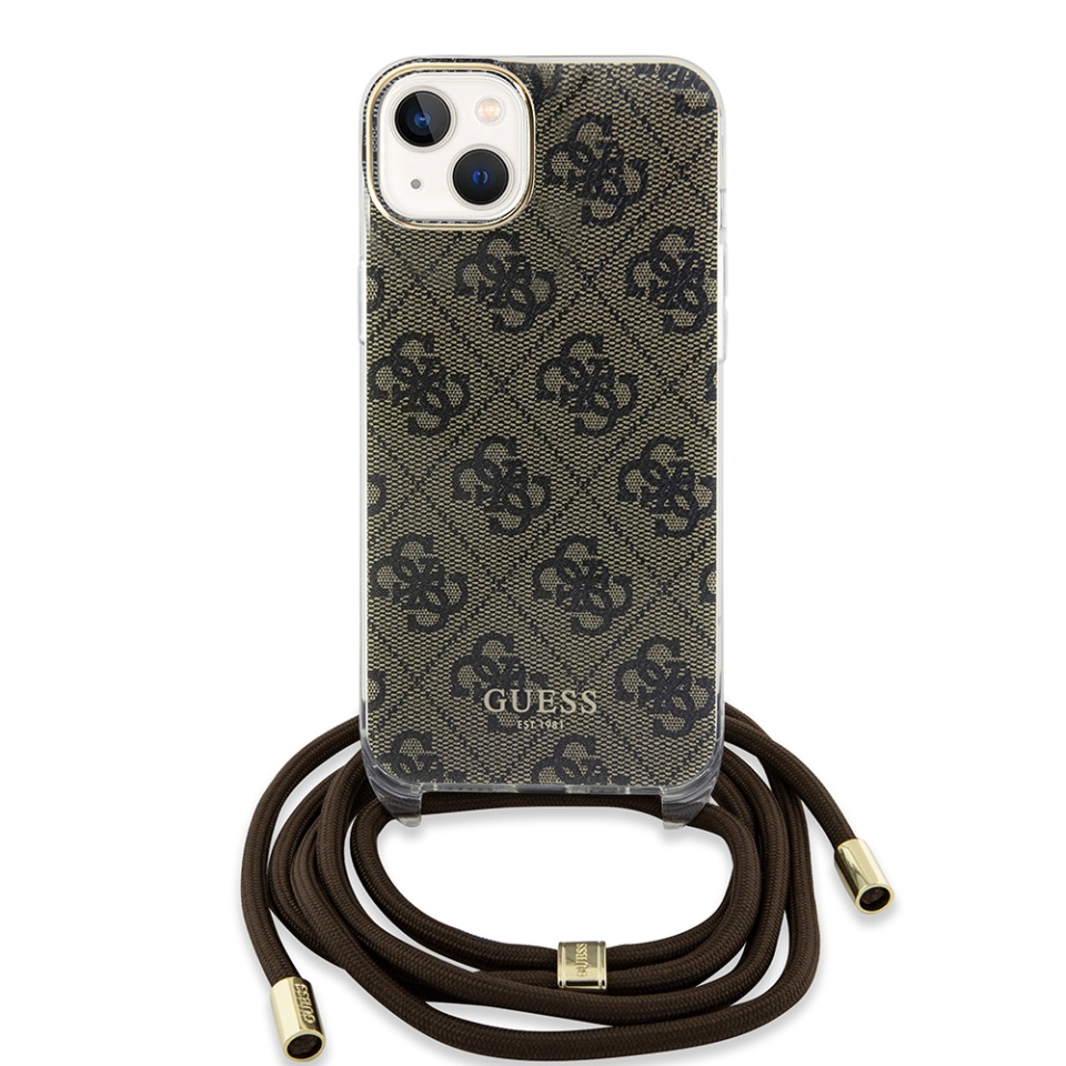 Husa pentru iPhone 15 cu snur, Crossbody Cord 4G Print, Guess - Maro - 2 | YEO