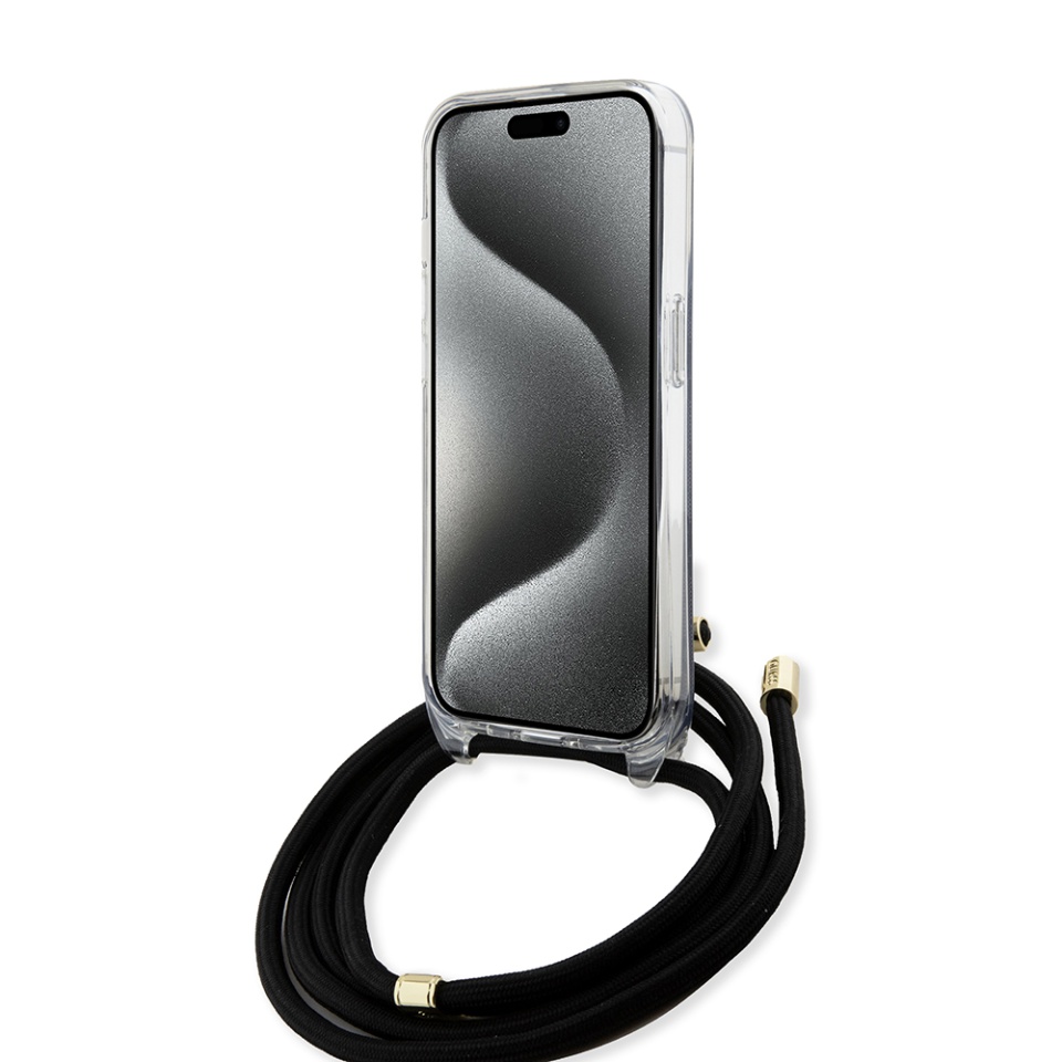 Husa pentru iPhone 15 cu snur, Crossbody Cord 4G Print, Guess - Negru - 1 | YEO