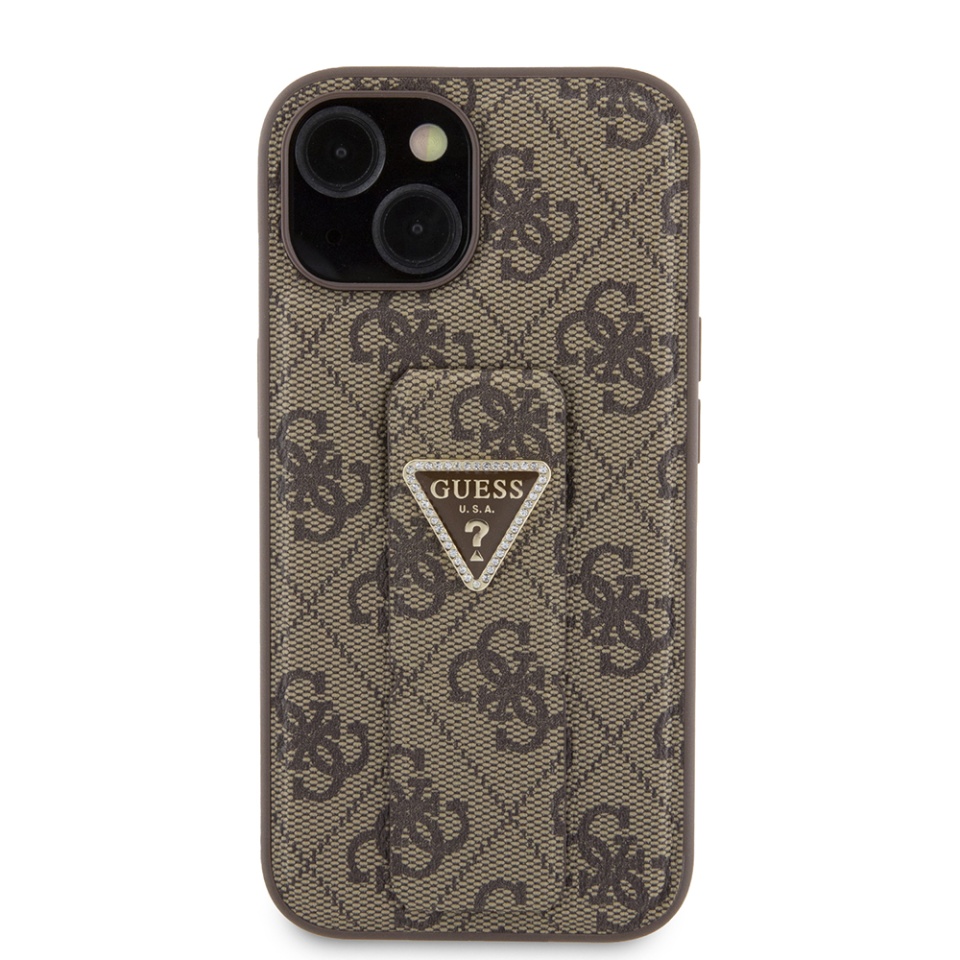 Husa pentru iPhone 15, Grip Stand 4G Triangle Strass, Guess - Maro - 1 | YEO