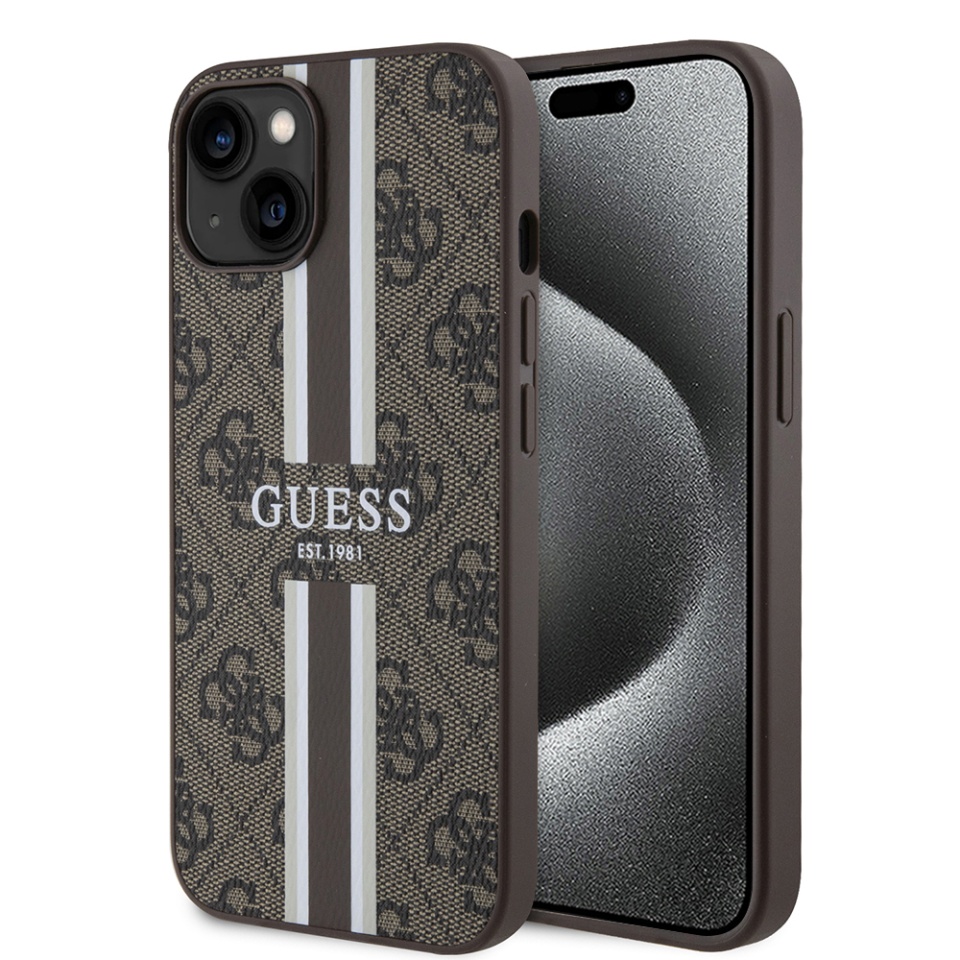 Husa pentru iPhone 15, Guess, Guess, Hardcase 4G Printed Stripes MagSafe, Maro