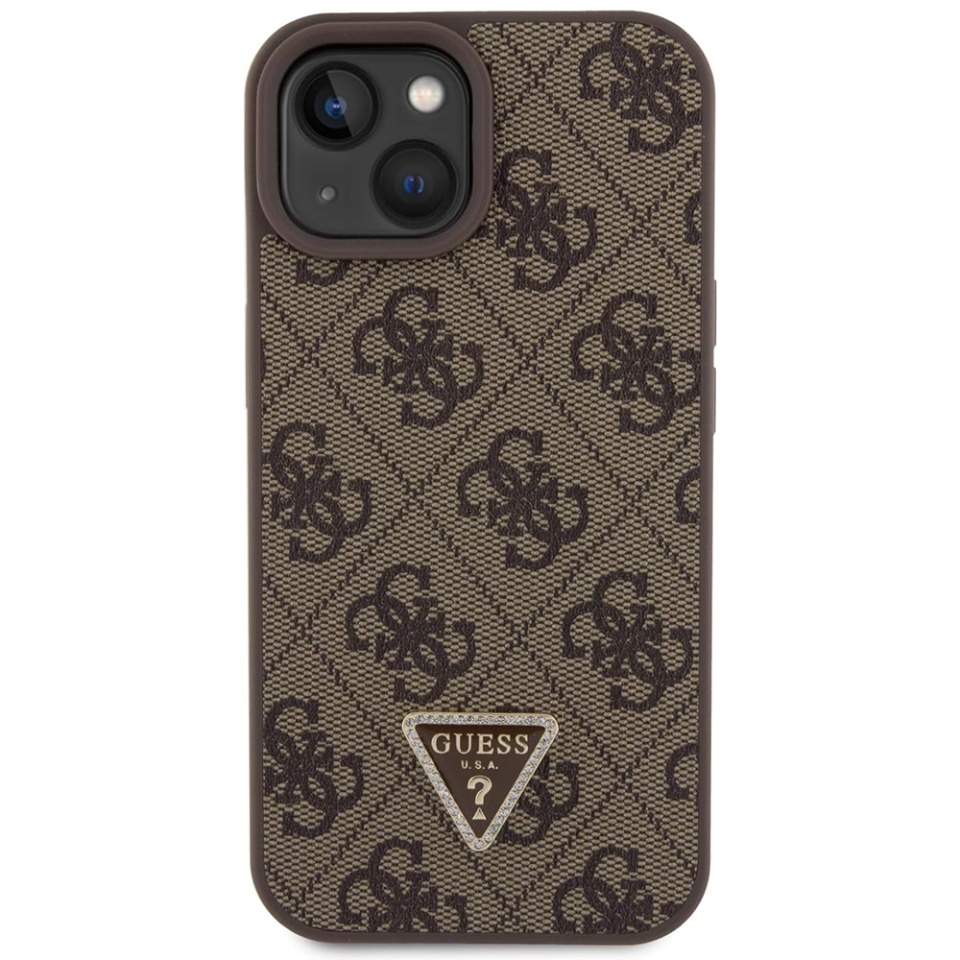 Husa pentru iPhone 15, Guess, Leather 4G Triangle Strass, Maro - 1 | YEO