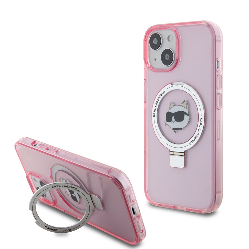 Husa pentru iPhone 15, Hardcase Ring Stand MagSafe, Karl Lagerfeld - Roz