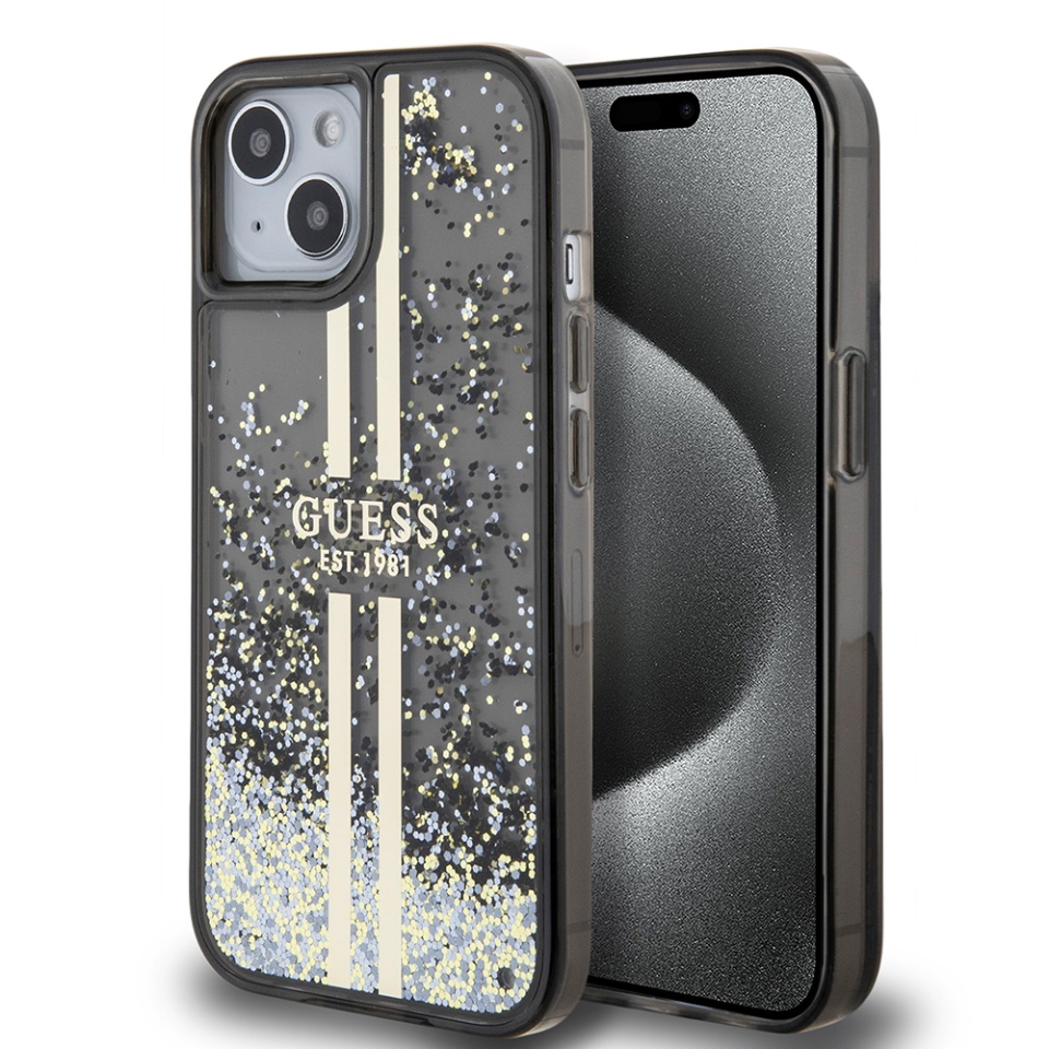 Husa pentru iPhone 15, Liquid Glitter Gold Stripes, Guess - Negru
