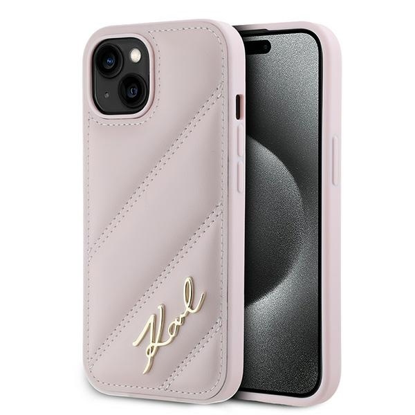 Husa pentru iPhone 15 Plus, Diagonal Quilted Script, Karl Lagerfeld - Roz