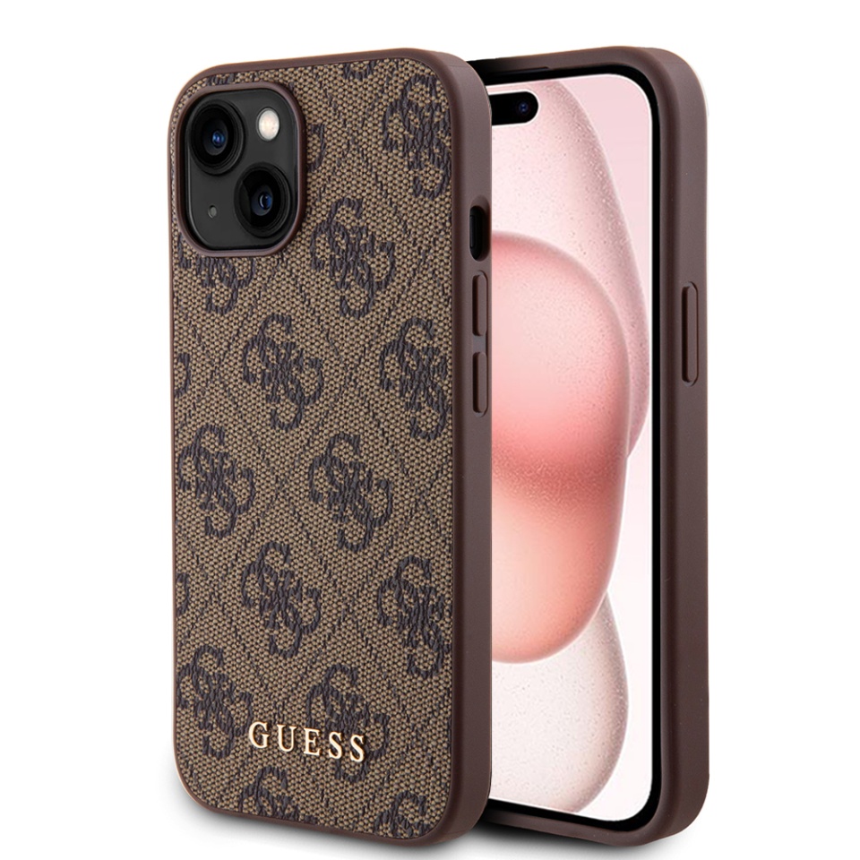 Husa pentru iPhone 15 Plus, Guess, Hardcase 4G Metal Gold Logo, Maro