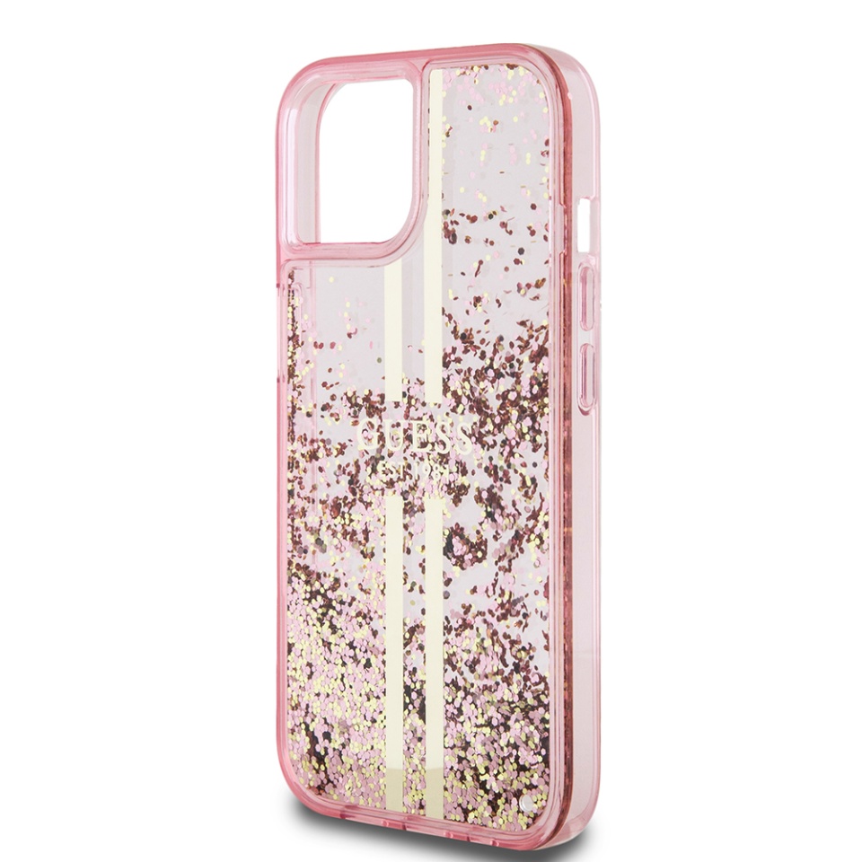 Husa pentru iPhone 15 Plus, Liquid Glitter Gold Stripes, Guess - Roz - 5